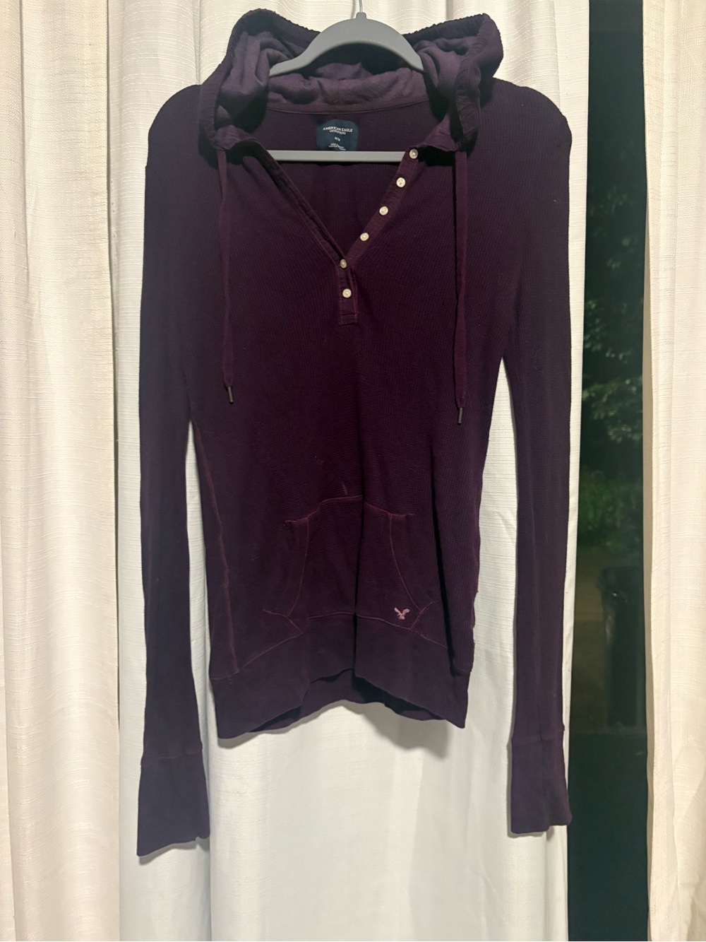 American Eagle waffle knit  Deep Plum Hooded Thermal Henley Y2K medium